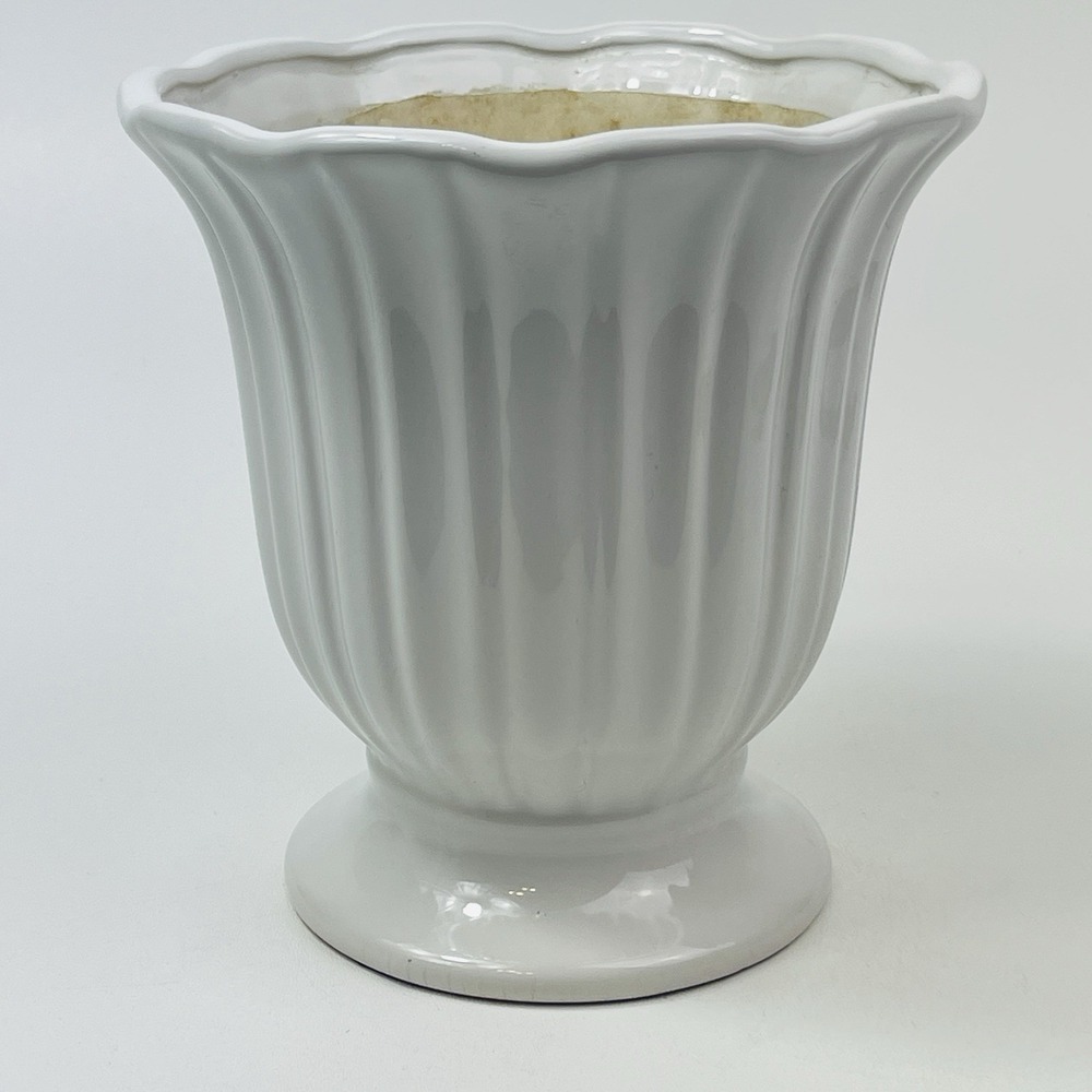 White Ceramic Vase Planter Tall Wide Mouth Scallop Edge 6x7"